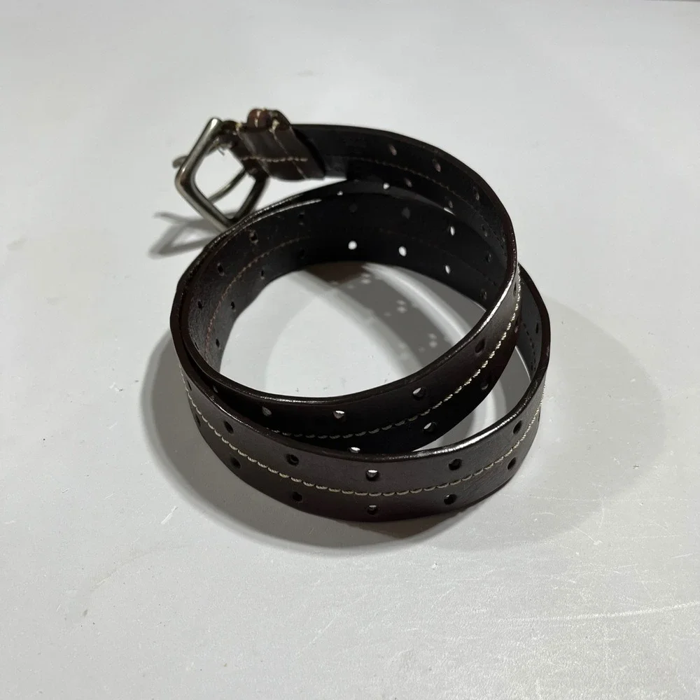 Mens‎ Brown Genuine Leather Double Prong Belt Contrast Stitch Medium Old Money